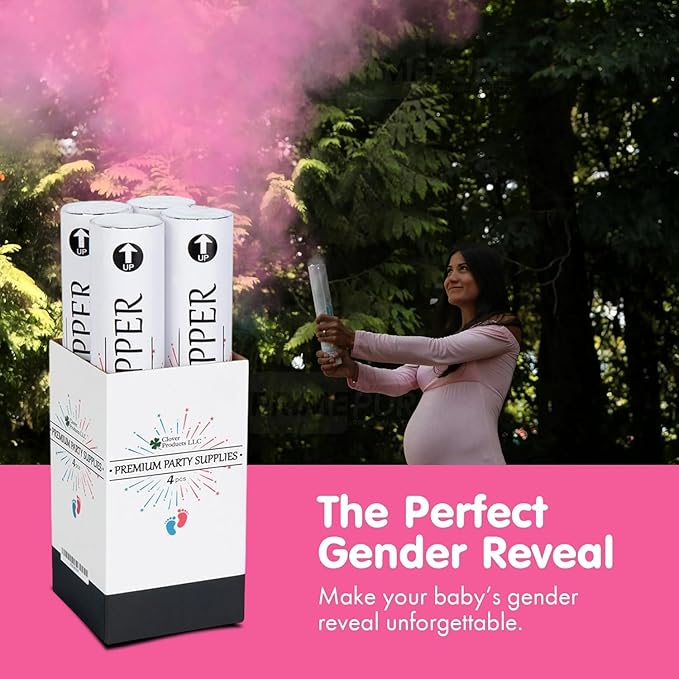 Clover Products Gender Reveal Confetti Poppers – Biodegradable Powder cannon - Pink, 4 Pack - Girl Smoke Bombs - Powder Cannon Party Poppers Pink Party Supplies- Includes FREE “It’s a Girl” Balloon