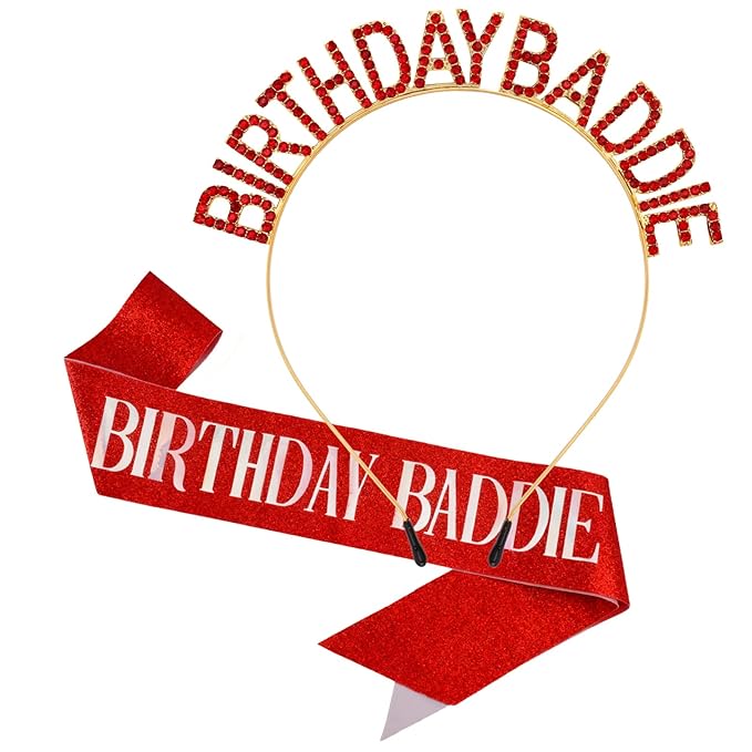 Canitor Birthday Baddie Sash Crown Set Birthday Gifts Party Favors Supplies Decorations & Accessories for Women Girl Adult Outfits Rhinestone Tiara Headband Soft Satin Sash