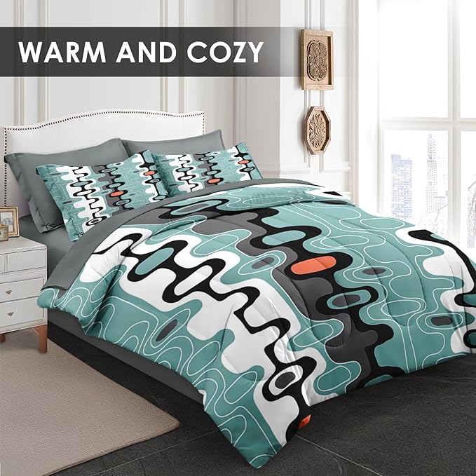 Comforter Set Full Size, Mid Century Retro Stripe 7 Pcs Bedding for Kids and Adults, Vintage Geometric Cool Bed Sheet Sets with Fitted Sheet 2 Pillowcases & 2 Shams for Bedroom Bed Decor