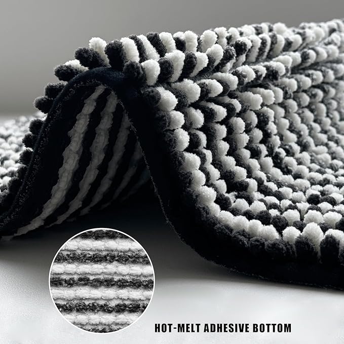 HDFK Bath Mat & Bathroom Rug - Soft Chenille Shower Carpet, Super Absorbent Non-Slip with Odorless Hot Melt Base, Slim Striped Design for Bathtub Floors Machin Washable (24x16 Inch, Black & White)