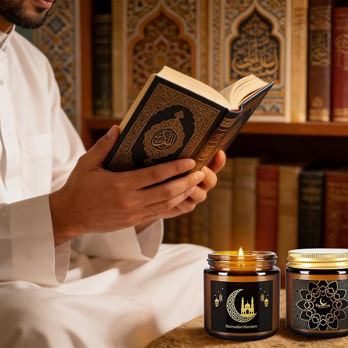 12pack Ramadan Scented Candles 3.5oz Soy Wax，Muslim Islamic Party Favors Gifts Glass Jar Candles for Home Happy Eid Festival Decor(Brown,Pattern)