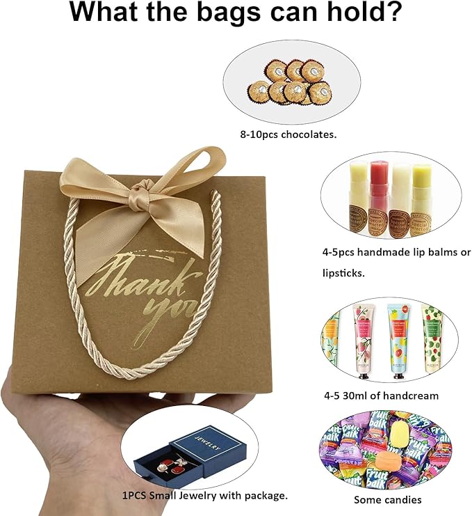 TKSBAG 100 Pack Small Thank You Gift Bags with Handles, 5.5''x 2.5''x4.7'' Mini Brown Gift Bags Bulk for Baby Shower, Birthday, Wedding, Party Favors