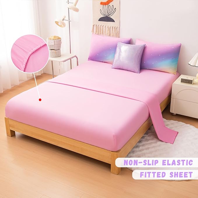 Rainbow Bedding Set Full Size – 6-Piece Reversible Girls Comforter with Deep-Pocket Sheet, Gradient Galaxy Design, Whole-Piece Filling, Machine Washable Bed-in-a-Bag for Kids Room Makeover & Gifts
