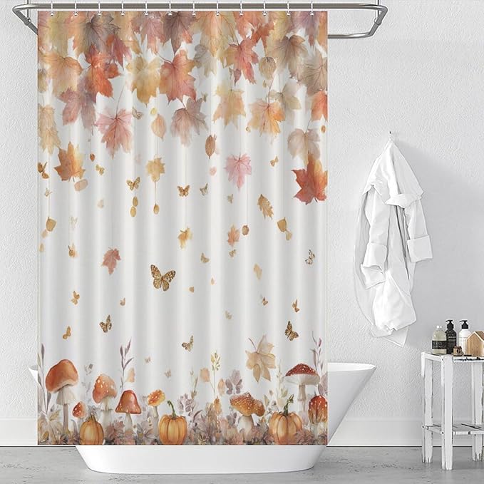 Fall Pumpkin Shower Curtain Autumn Maple Leaves Thanksgiving Harvest Waterproof Washable Fabric Bathroom Shower Curtains for Bathroom Decorations Home Indoor Decor 47x72Inch