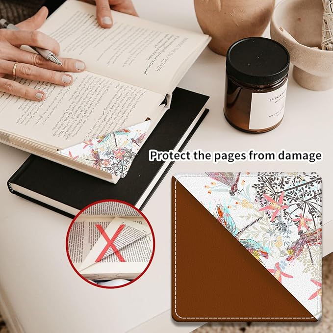 Cute Leather Bookmarks, Fun Triangle Making Corner Bookmark, Book Accessories for Reading Book Lovers, Unbreakable Page Markers for Women Men Cute Colorful Dragonfly