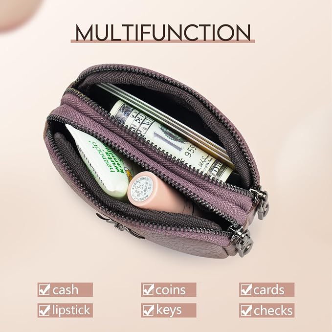 imeetu Women Leather Coin Purse, Small 2 Zippered Change Pouch Wallet