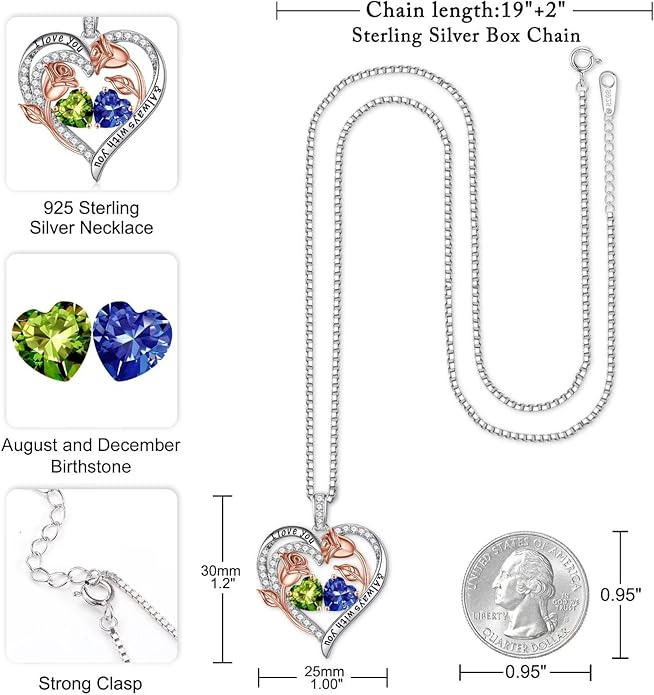 Iefil Valentines Day Gifts for Her - 925 Sterling Silver Rose Heart Birthstone Necklace Birthday Anniversary Jewelry Gifts for Her Wife Mom Daughter