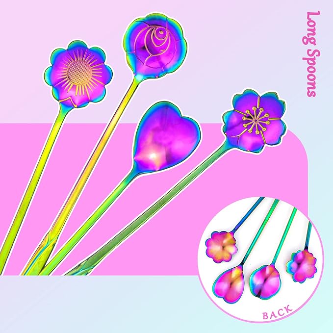 9 PCS Rainbow Flower Spoon Set, 2 Different Size Stainless Steel Reusable Teaspoons for Drink Mixing Milkshake Jam