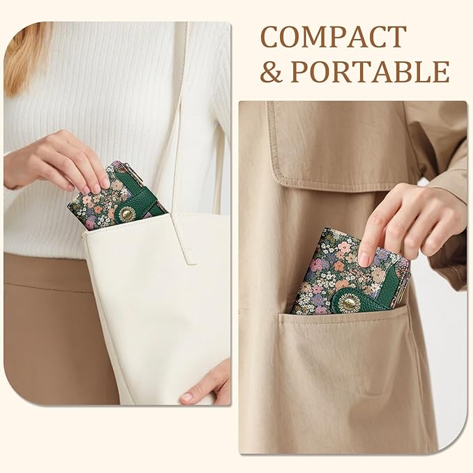 Floral Flowers Small Wallet Women RFID Blocking Bifold, Credit Card Holder, Zipper Coin Pocket, PU Leather, Compact, Travel, 4 ID Window, 14 Card Slots, Cash Purse, Ladies Woman Female Girls