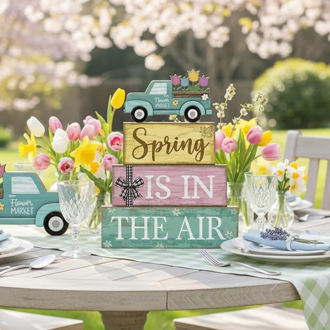 4 Pcs Spring Table Decor Wooden Blue Truck Decoration Flower Centerpiece Spring Tiered Tray Decor Decorative Colorful Flower Block Signs Gift Farmhouse Decoration for Home Kitchen