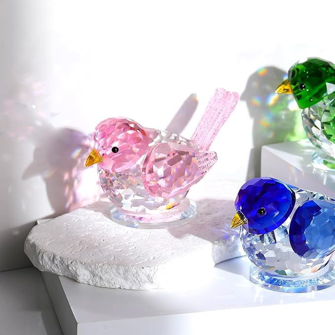 Crystal Pink Birds Figurine Glass Collectible Figurines Paperweights Birthday Gifts for Women Decorative Tabletop Centerpiece for Animal Lovers