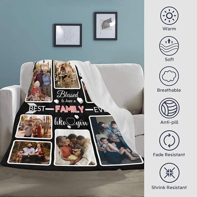 Custom Blanket Gifts for Family, Customized Blankets with Photos, Make a Personalized Bed Throws to My Family, Custom Souvenir Throw Blanket for Best Family Ever, 8 Collages Made in USA