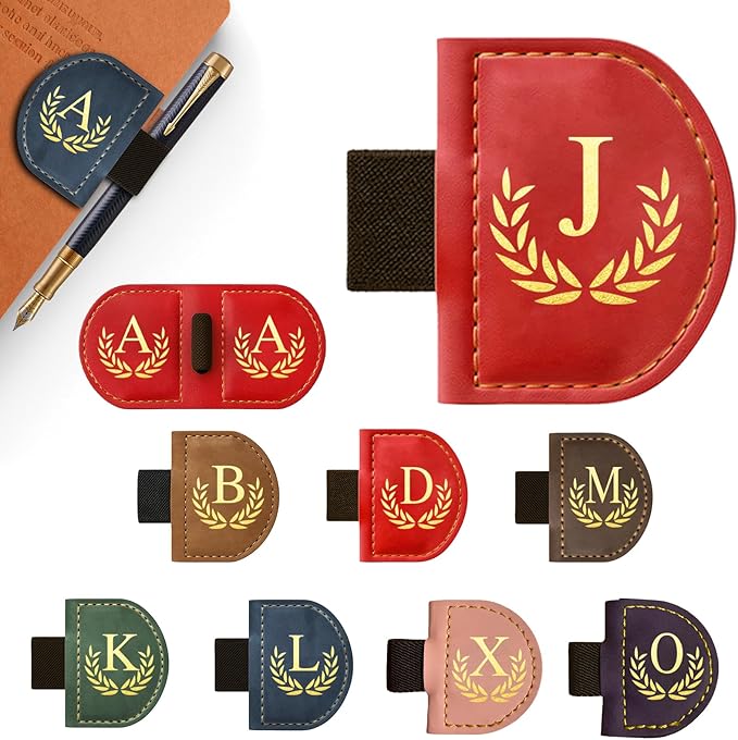 Personalized Leather Magnetic Bookmark with Pen Holder, Custom Bygone Mark Bookmark with Pen Holder, Custom Bookmarks with 26 Letters for Reading Women, Men, Teachers, Book Lovers（Red，J）