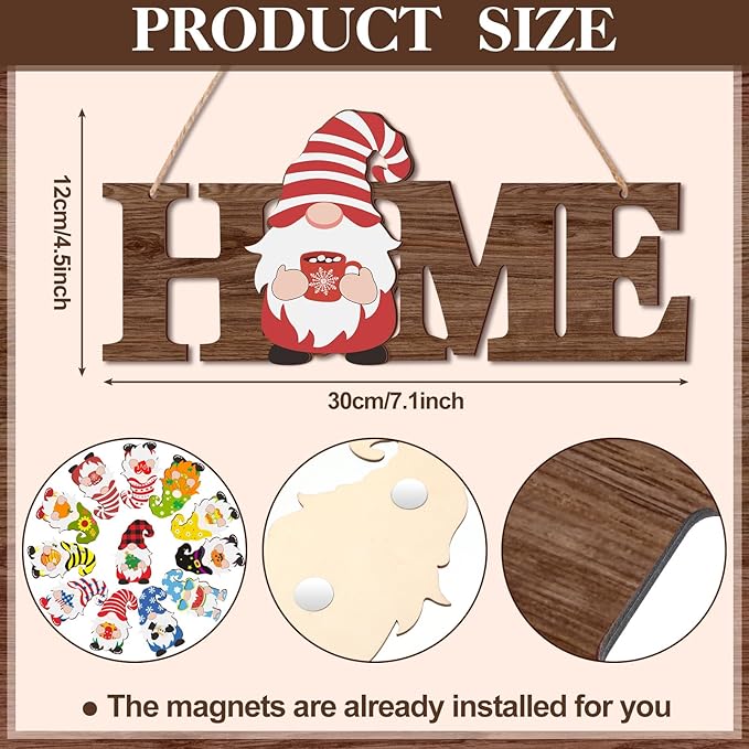 Yookeer 13 Pcs Interchangeable Gnome Home Sign Wood 3D Christmas Winter Seasonal Door Decor Rustic Farmhouse Home Decoration for Holiday Wall Decor Gift(Dark Brown)