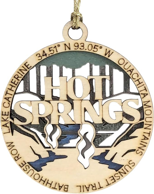 Hot Springs National Park Wood Ornament - Artisan-Made 3" Round, Laser-Engraved Scene with Natural Wood & Full Color Layers
