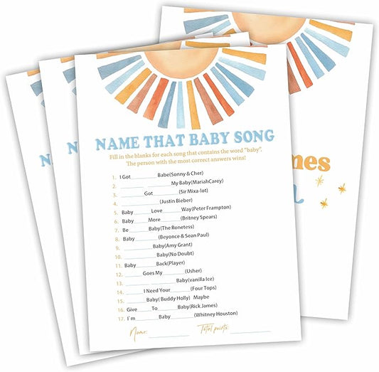 Name That Baby Song Baby Shower Game Kit - Watercolor Retro Sun - 30 Double-Sided Fill In Game Cards For Baby Shower, Gender Reveal Party Favor, Activity & Supplies - D09