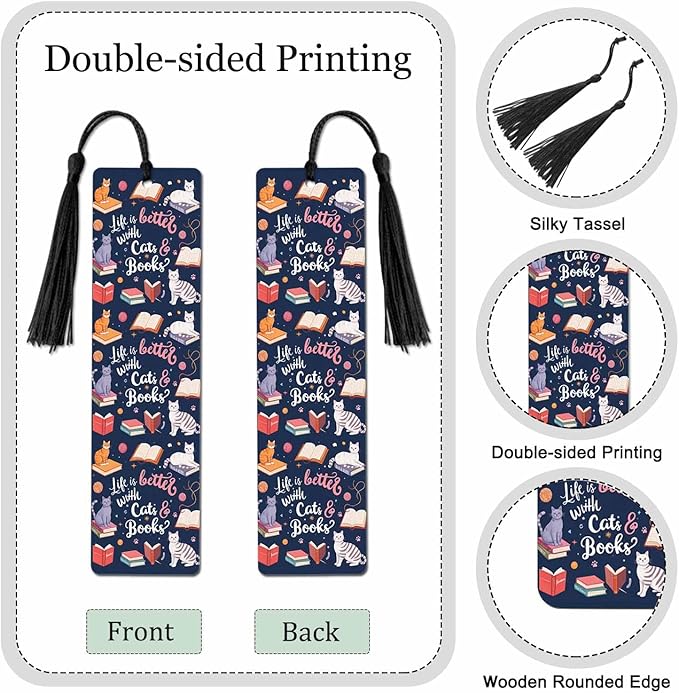 Cat Bookmarks 5 Pcs Cute Funny Animal Book Life Wooden Bookmark with Tassels for Reading Book Lovers Gift Office School Readers Teacher