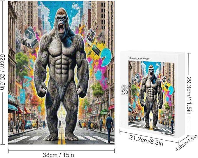 Funny Wooden Puzzle - Gorilla Attacks City Puzzle for Adult 500 Piece，Wooden Jigsaw Puzzles Art Leisure Game Fun Suitable Family Friends Educational Learning Games Gift