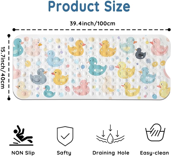 LNOND Bath Mat for Tub for Kids, Toddler Bathtub mat Non Slip, Colourful Cartoon Duck Kids Bath Mats for Bathroom Non Slip with Drain Holes and Suction Cups,Machine Washable (40 X 16 Inch)