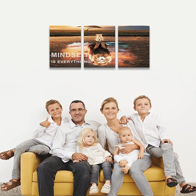 Mindset Is Everything Wall Art Lion Motivational Canvas Wall Art Posters Prints 3 Pieces Inspirational Quote Painting for Office Bedroom Decor