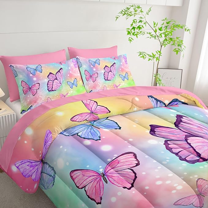 7Pcs Comforter Set Rainbow Butterfly Printed Bedding Set with 1 Comforter, 1 Flat Sheet, 1 Fitted Sheet and 4 Pillowcases for Boys and Girls Bedroom All Season(Full)