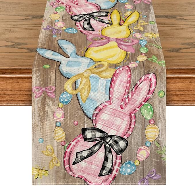 Artoid Mode Wood Floral Bow Bunny Rabbits Eggs Easter Table Runner, Seasonal Spring Kitchen Dining Table Decoration for Home Party Decor 13x72 Inch