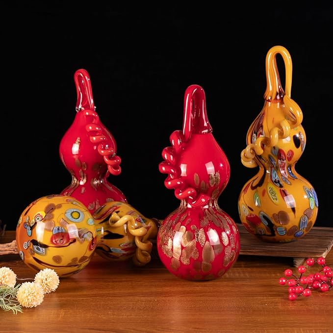 KAMMAK Gourd Glass Figurine, Handmade Blown Coloured Glaze Art Gourd Statue, Centerpiece Collectible Home Decor, Table Ornaments, Gift for Birthday Thanksgiving Christmas Decorations, QSKQ04