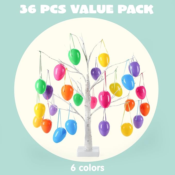 JOYIN 36 PCS 3.15" Easter Eggs with Hanging Ribbon, Colorful Plastic Eggs Empty Fillable, Bright Eggshells for Easter Hunt, Basket Stuffers, Hanging Tree Decor, Party Favor Supplies