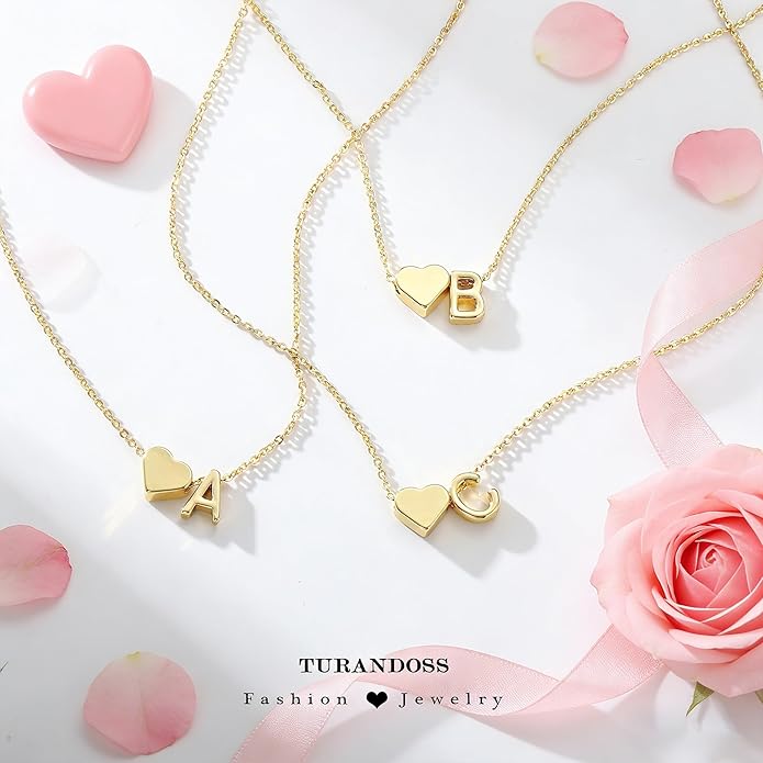 Turandoss Valentines Day Gifts for Kids Teen Girls - Dainty 18K Gold Plated Heart Initial A-Z Pendant Necklace Trendy Jewelry Heart Necklaces Birthday Valentines Day Gifts for Girlfriend Wife Women