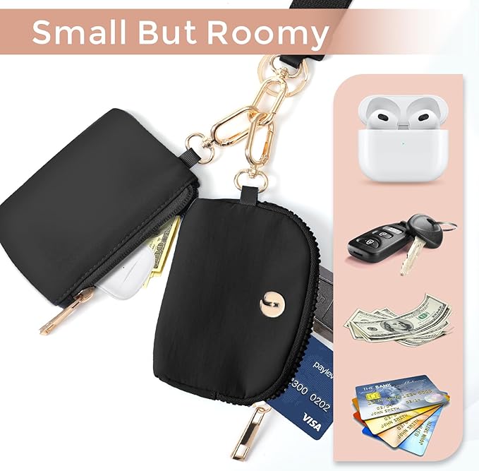 Dual Pouch Wristlet Keychain Wallet with 2 Wrist Straps - Small and Portable Mini Zipper Coin Purse Card Wallets for Women Men Gold Hardware Navy+Ice Blue