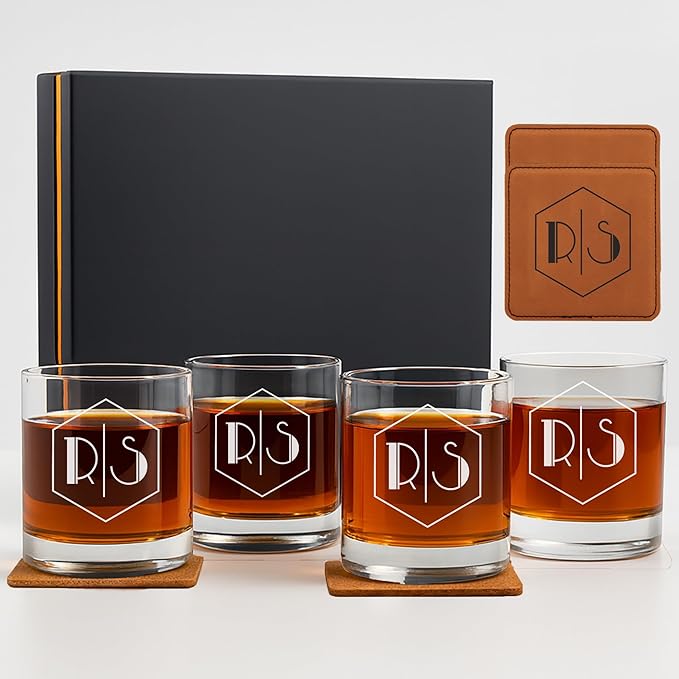 Froolu Personalized Scotch Whiskey Glasses Set - Premium Customizable Monogram Designs