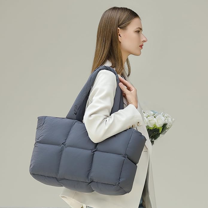 Herald Puffer Tote Bag for Women, Large Quilted Puffy Handbag Lightweight Satchel Purse with Cup Holder & Compartment