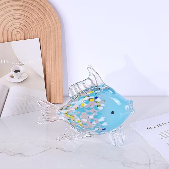 LCCCK Large Hand Blown Glass Fish Figurines, Aquarium Sea Glass Art, Fish Statue Sculpture Modern Coastal Accent - for Beach Knick Knacks, Coffee Tables, Nautical Offices Centerpiece (Colorful Blue)