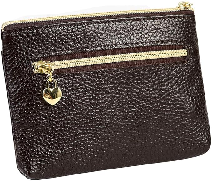 Women's Genuine Leather Coin Purse Zipper Pocket Size Pouch Change Wallet, Coffee
