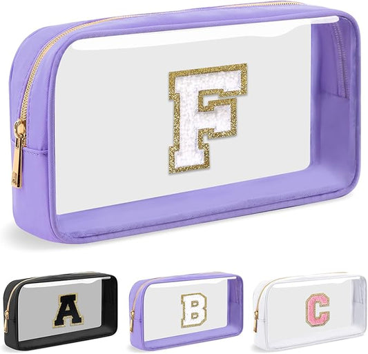 Personalized Initial Letter Clear Makeup Bag,Preppy Small Nylon&PVC Cosmetic Zipper Bag with Chenille Letter,Travel Skincare Toiletry Bag,Monogram Christmas Gift for Teen Girls Women,F