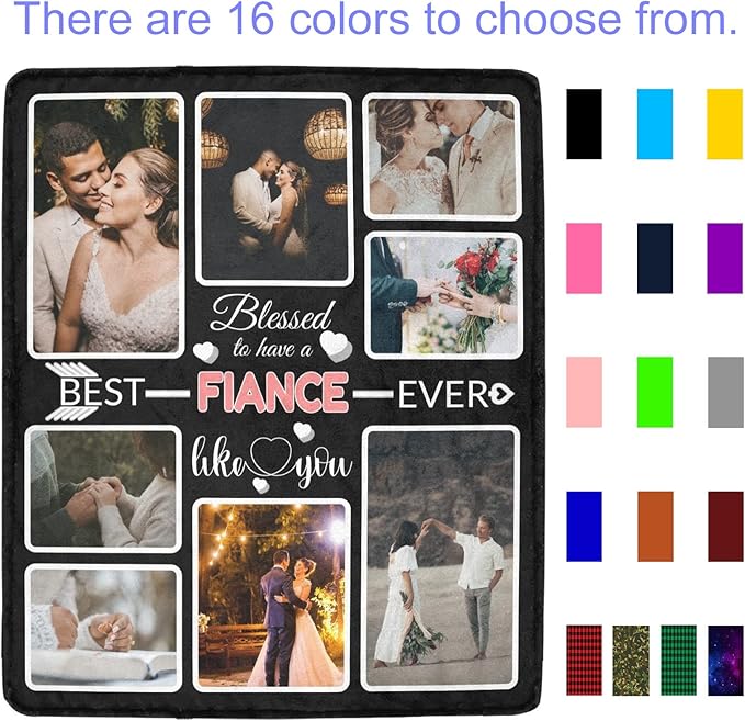 Custom Blanket Gifts for Fiance, Customized Blankets with Photos, Make a Personalized Bed Throws to My Fiance, Custom Souvenir Throw Blanket for Best Fiance Ever, 8 Collages Made in USA