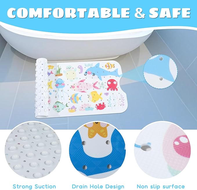 Baby Bath Mat for Tub Non Slip Kids Bathtub Mat Extra Long 40X16 Inch Toddler Bath Tub Shower Mat Anti Slip with Suction Cups & Drain Holes, Machine Washable (Sea Fish)