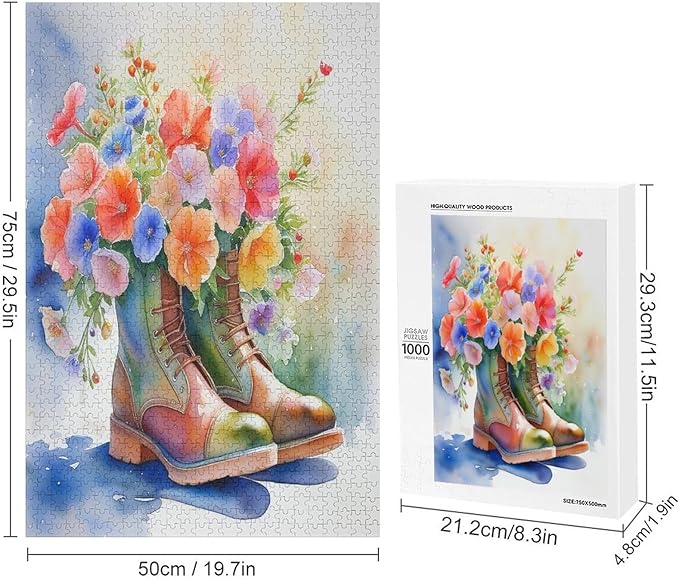 Boot Flowers Wooden Puzzle 1000 Pieces Jigsaw Puzzles for Adults Puzzle Educational Toys Challenging Fun Games Gifts for Elders Kids Family and Friends