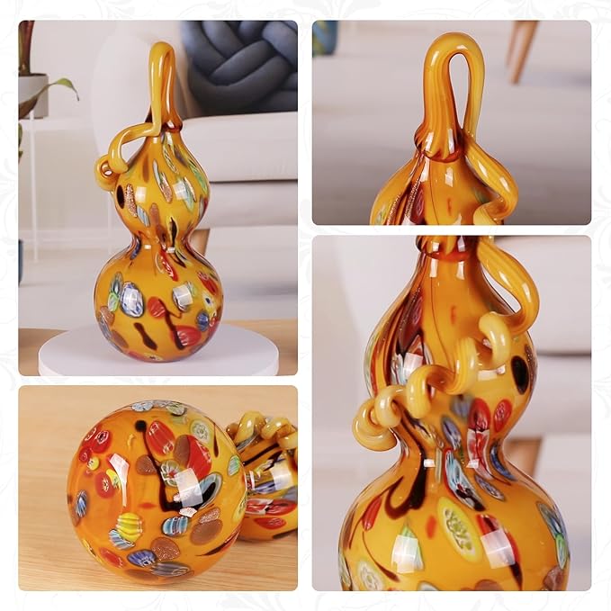 KAMMAK Gourd Glass Figurine, Handmade Blown Coloured Glaze Art Gourd Statue, Centerpiece Collectible Home Decor, Table Ornaments, Gift for Birthday Thanksgiving Christmas Decorations, QSKQ01