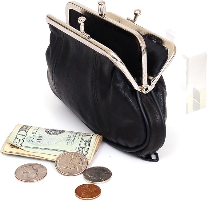 Womens Leather Mini Wallet ID Credit Cards Cash Coin Holder Case Organizer Puse with Framed & Zipper Closures - Black