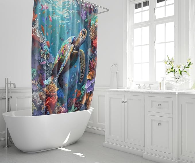 Turtle Shower Curtains for Bathroom - 4 Pcs Kids Shower Curtain Set Ocean Shower Curtains for Bathroom Sea Turtle Shower Curtain Set with Rug,Toilet Cover and Bath Mat with 12 Hooks
