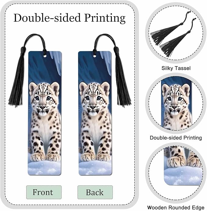Snow Leopard Bookmarks 5 Pcs Cute Animal Spot Wooden Bookmark with Tassels for Reading Book Lovers Gift Office School Readers Teacher