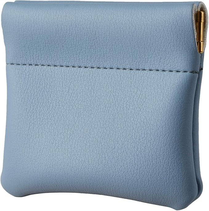 Squeeze Coin Purse Genuine Leather Wallet Compact Change Holder Travel Pouch for Women Gift Box (Blue)