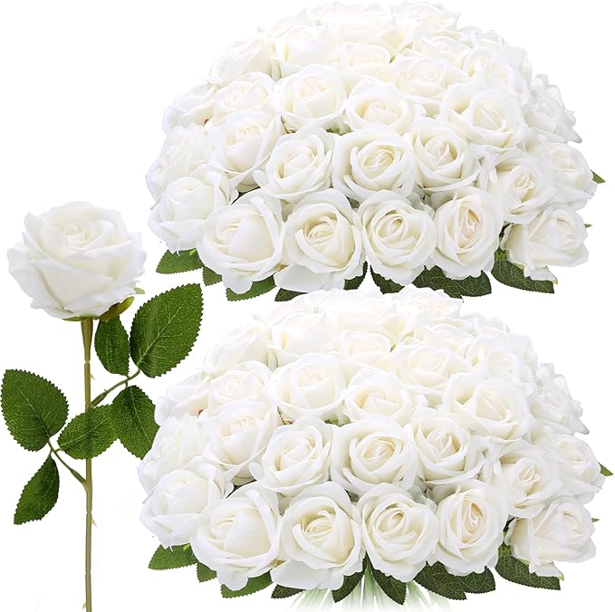 Roses Artificial Flowers, Fake Velvet Silk Roses in Bulk for Home Decor Indoor, Fake Roses Realistic Flowers with Stems for Wedding Centerpiece Party Decor (48, White)
