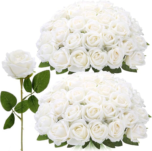 Roses Artificial Flowers, Fake Velvet Silk Roses in Bulk for Home Decor Indoor, Fake Roses Realistic Flowers with Stems for Wedding Centerpiece Party Decor (48, White)