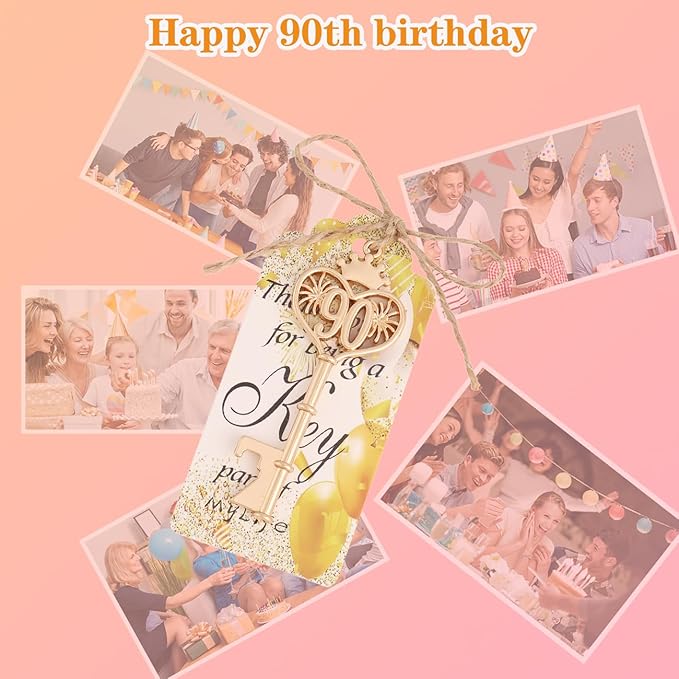 90 Birthday Party Favors Key Bottle Opener, 90th Beer Opener Keychain Favors for Guest with Organza Bags and Tags,Beer Keychain Bottle Openers for Birthday Party Decoration Supplies(gold-90)