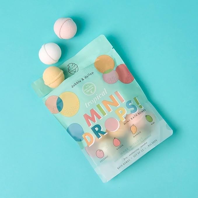Dabble & Dollop Mini Bath Bombs, 100% Natural Droplets for Kids, Tropical Scents - Resealable Pouches, Fizzy, Moisturizing & Fun, Vegan, Gluten-Free, Cruelty-Free (Set of 24)
