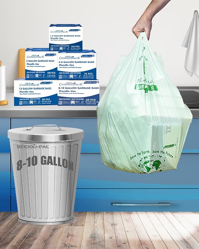 BEIDOU-PAC 8-10 Gallon Compostable Trash Bags, 60 Count - Kitchen & Food Scrap Waste Bags, Sturdy & Biodegradable, ASTM D6400, US BPI Certified