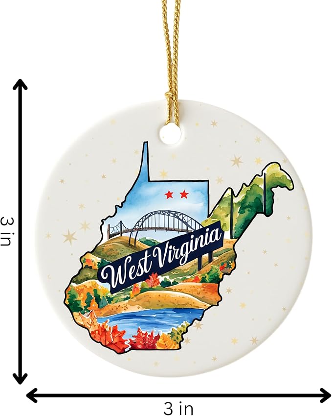 USA State Landmark Ceramic Ornament – Round Glossy Christmas Decoration Featuring U.S. State Art, Landmarks & Holiday Scenery – Collectible Travel Souvenir Ornament Series (West Virginia)