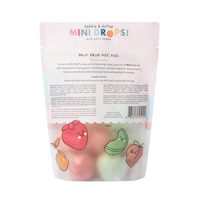 Dabble & Dollop Mini Bath Bombs, 100% Natural Droplets for Kids, Fresh Fruit Scents - Resealable Pouches, Fizzy, Moisturizing & Fun, Vegan, Gluten-Free, Cruelty-Free (Set of 24)